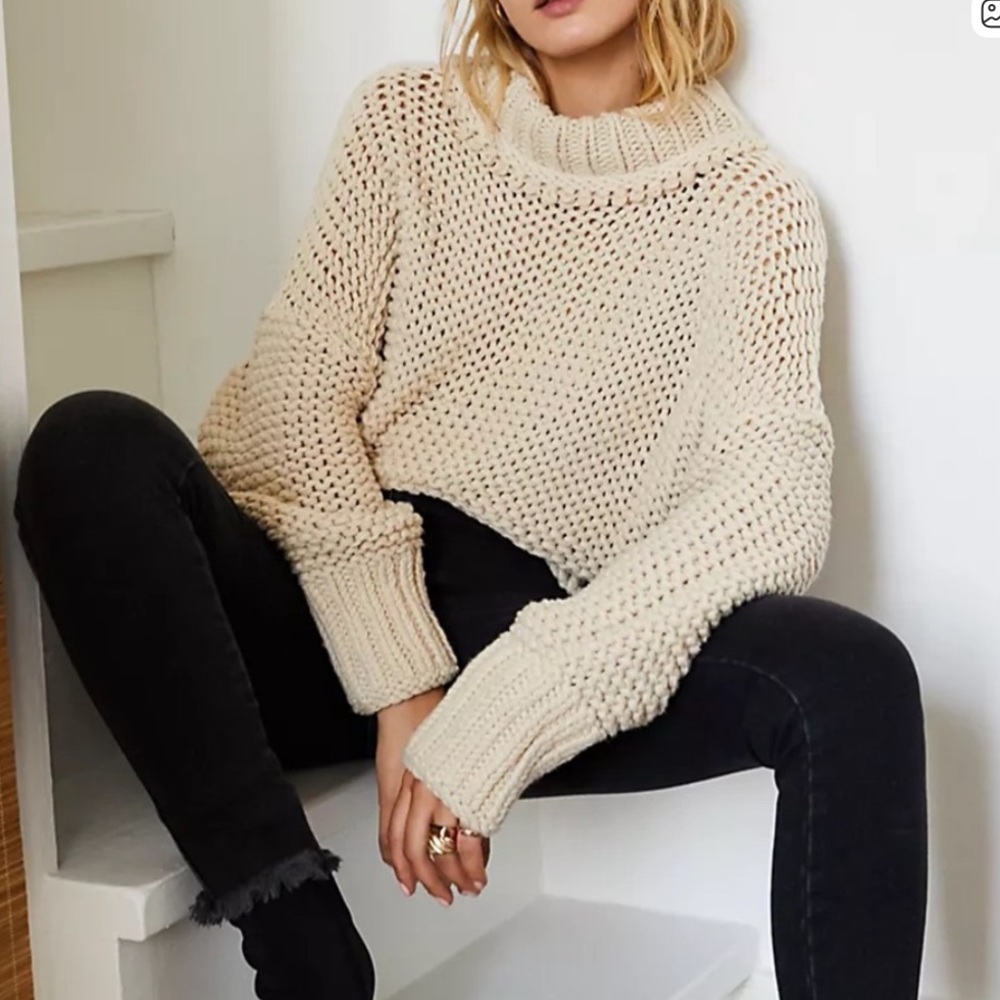 Free People Chunky Knit Cropped Sweater My Only Sunshine Cream Tan Size Medium